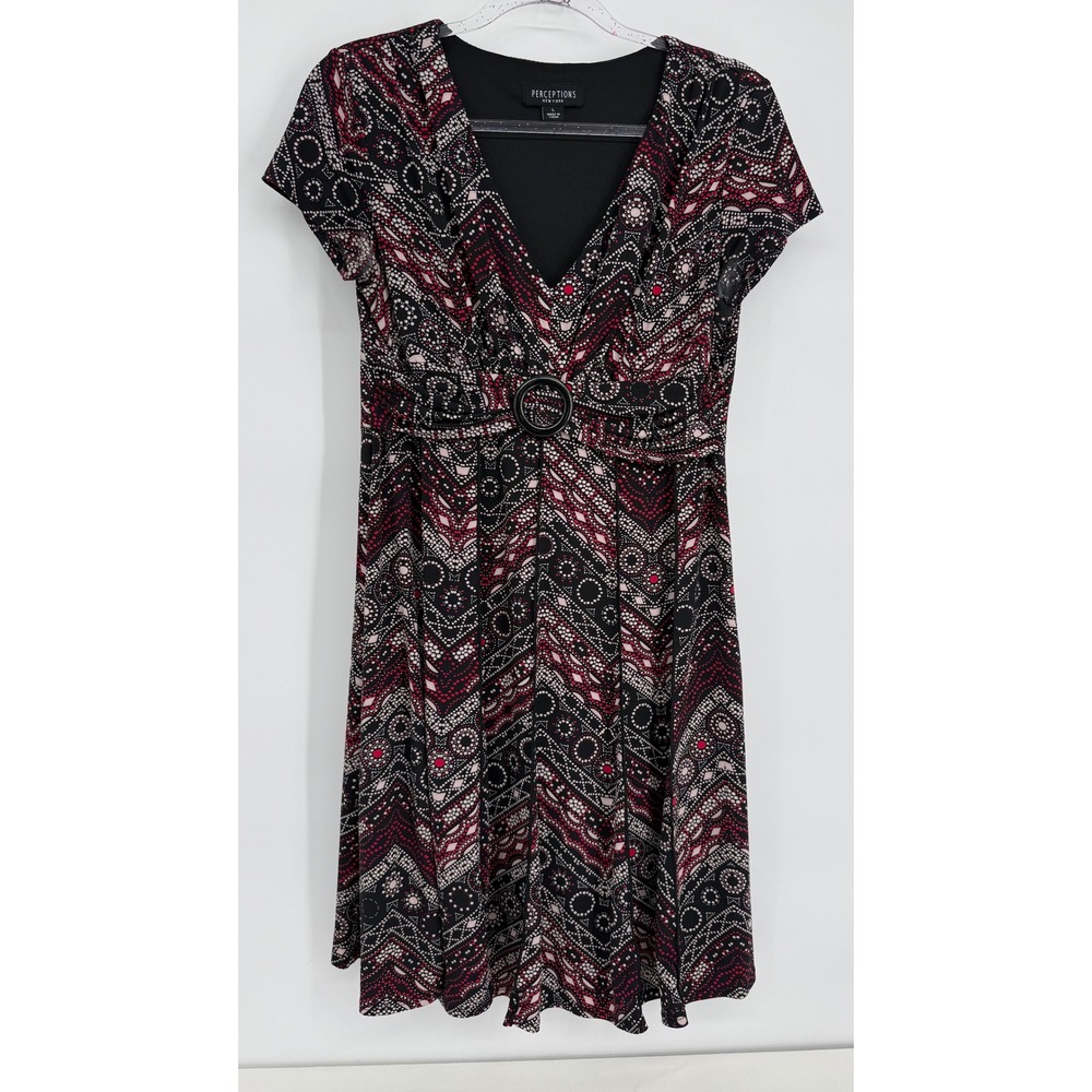 Perceptions New York Womens Black Burgundy Geometric V-Neck O-Ring Dress Sz L